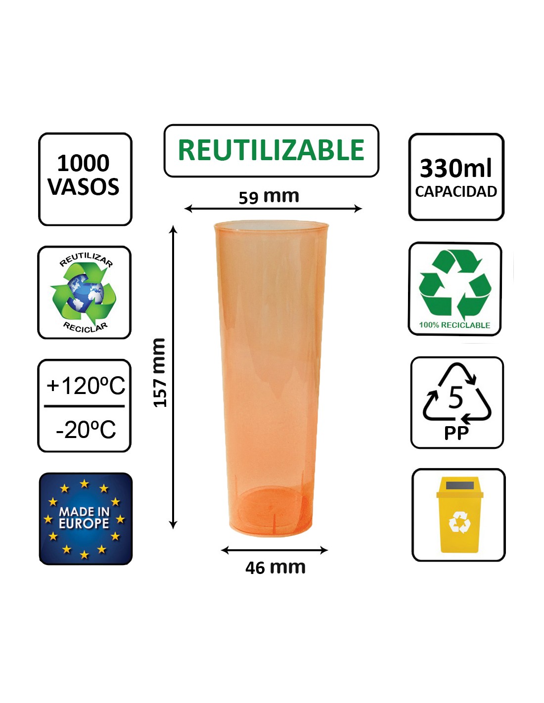 VASO DE TUBO REUTILIZABLES DE 330ml DE COLORES