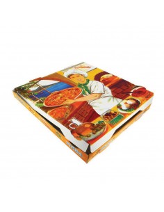 Caja de cartón VESUBIO de 260 × 260 × 35 mm para pizzas medianas, ideal para delivery y take away.