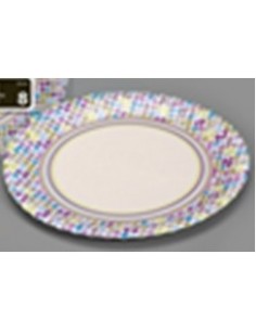 Platos de cartón 180 mm con diseño rayas y topitos en pack de 12 unidades.