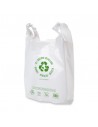 Bolsa camiseta blanca reciclada en formato block, ideal para supermercados y comercios de alimentación.