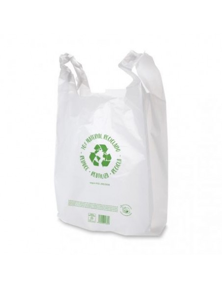 Bolsa camiseta blanca reciclada de gran capacidad para supermercados y comercios de alimentación.