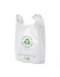 Bolsa camiseta blanca reciclada de gran capacidad para supermercados, comercios y establecimientos de alimentación.
