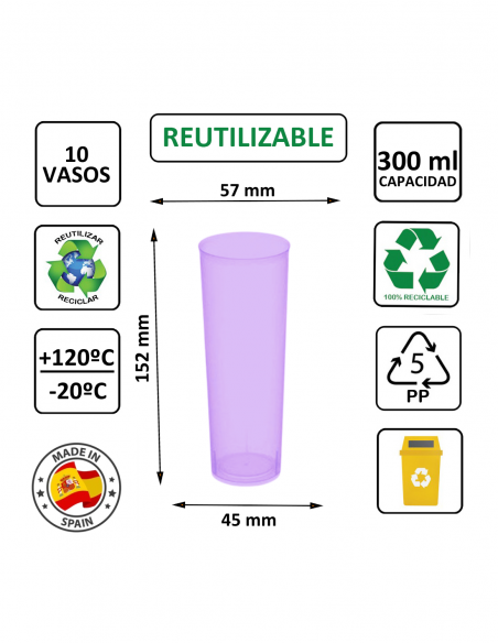 Vaso reutilizable PP de tubo 300 ml morado TELEVASO