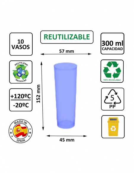 Vaso reutilizable PP de tubo 300 ml azul TELEVASO
