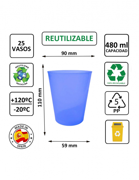 Vaso reutilizable PP de sidra 480 ml azul TELEVASO