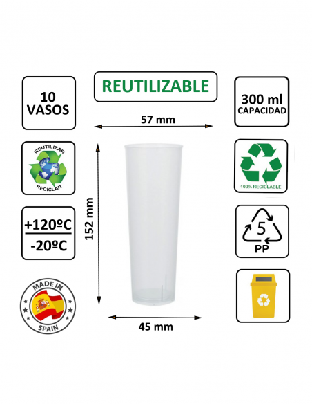 Vaso reutilizable PP de tubo 300 ml translúcido TELEVASO