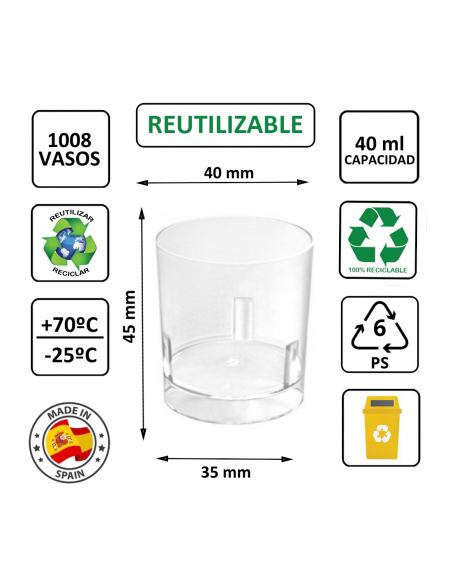 Vaso chupito PS cristalino 40 ml, rígido y transparente.
