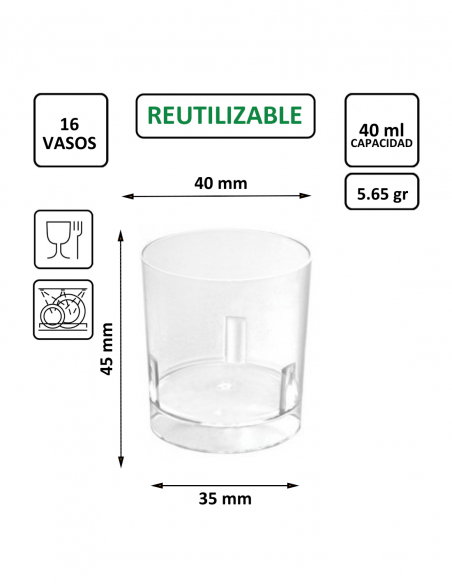 Vaso chupito PS cristalino 40 ml, rígido y transparente.