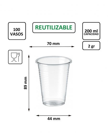 Vaso termoconformado de PP transparente 200 ml, ideal para bebidas frías y degustaciones.