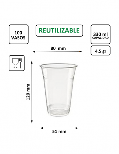 Vaso termoconformado de PP transparente 330 ml, ideal para cerveza, refrescos y bebidas frías.