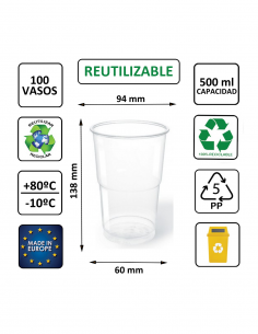 Vaso termoconformado de PP transparente 500 ml, ideal para cerveza, refrescos y bebidas frías. 2