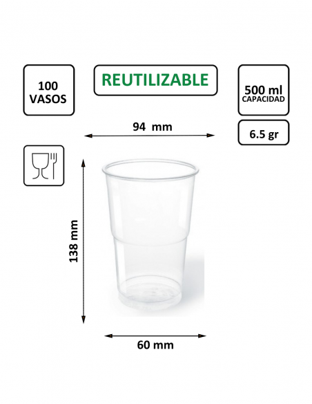 Vaso termoconformado de PP transparente 500 ml, ideal para cerveza, refrescos y bebidas frías.