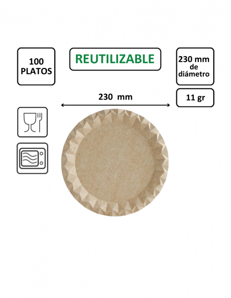 Plato ECO de cartón kraft de 230 mm, ideal para comidas, raciones y platos combinados.