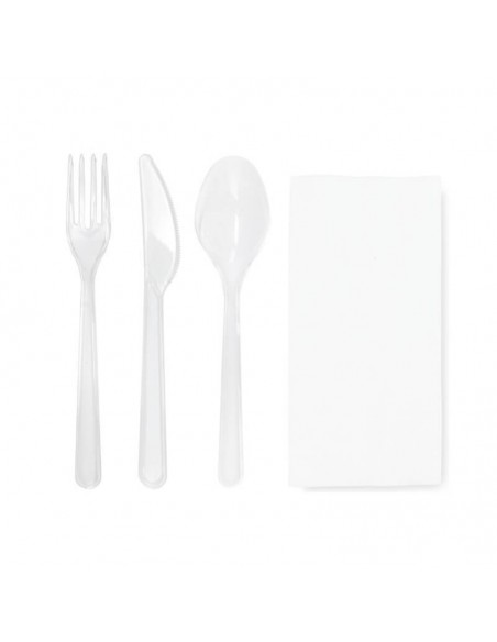 Set de 3 cubiertos transparentes con servilleta en pack de 100 unidades para catering y eventos.