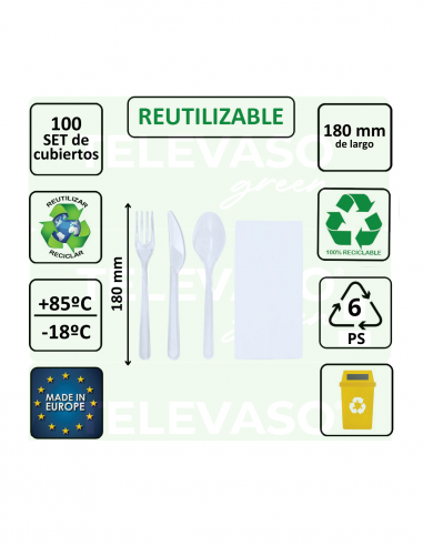 Set de 3 cubiertos transparentes con servilleta en pack de 100 unidades para catering y eventos.