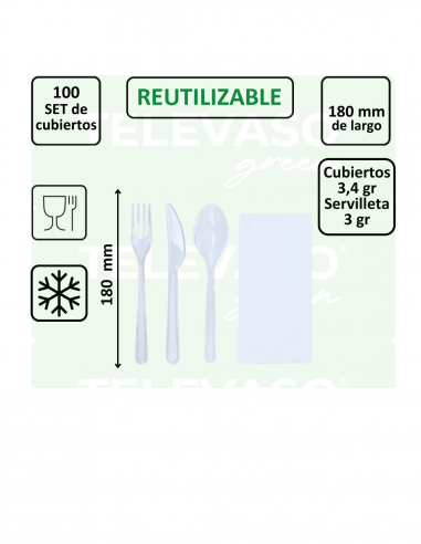 Set de 3 cubiertos transparentes con servilleta en pack de 100 unidades para catering y eventos.
