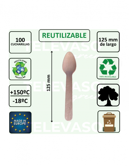 Cucharilla de madera de 125 mm biodegradable ideal para postres, helados y degustaciones.