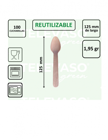 Cucharilla de madera de 125 mm biodegradable ideal para postres, helados y degustaciones.