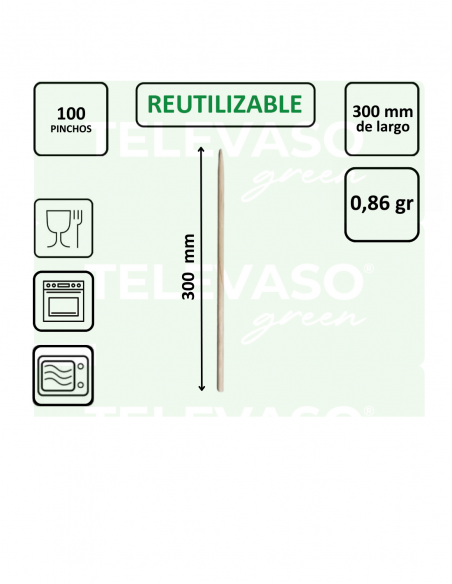 Pinchos higiénicos de madera redondos de 300 mm ideales para brochetas XXL y eventos.