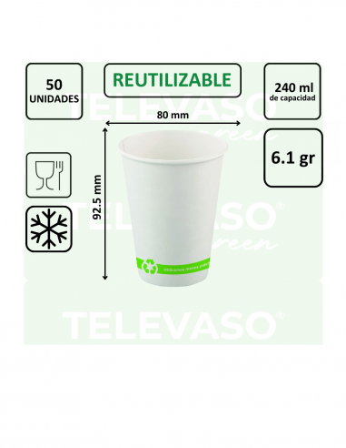 Vaso de cartón blanco reutilizable de 240 ml (8 oz) ideal para bebidas frías.