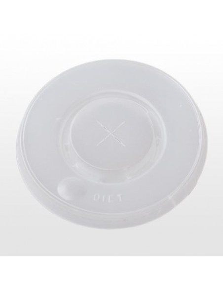 Tapa plana cruz de 80 mm en PS blanco para vasos de bebidas frías con pajita.