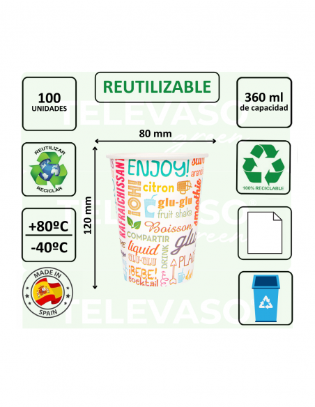 Vaso de cartón PAROLE reutilizable de 360 ml (12 oz) ideal para bebidas frías.