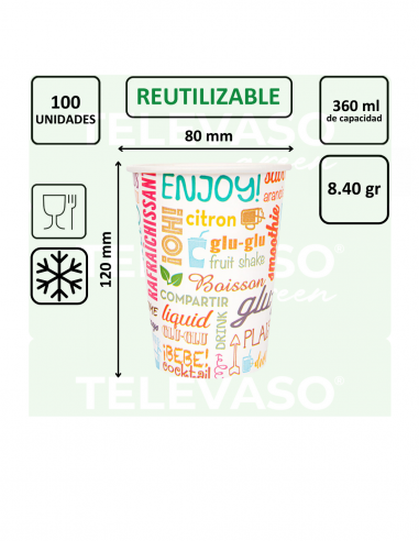 Vaso de cartón PAROLE reutilizable de 360 ml (12 oz) ideal para bebidas frías.