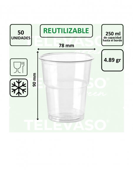 Vaso rPET transparente de 270 ml, fabricado con plástico reciclado para bebidas frías.