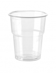 Vaso rPET transparente de 300 ml fabricado con plástico reciclado, ideal para bebidas frías.