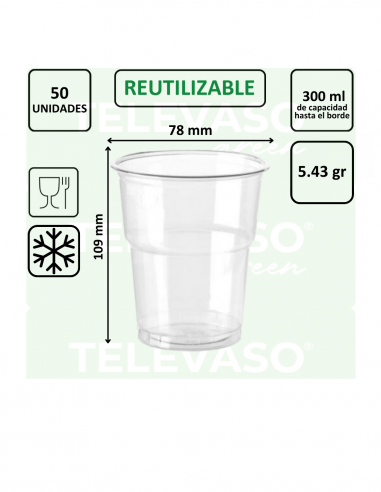 Vaso rPET transparente de 300 ml fabricado con plástico reciclado, ideal para bebidas frías.