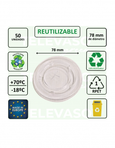 Tapa plana transparente de rPET 78 mm para vasos de bebidas frías. 2