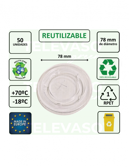 Tapa plana transparente de rPET 78 mm para vasos de bebidas frías.