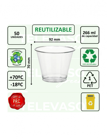 Vaso PET bajo transparente de 266 ml y 92 mm, ideal para bebidas frías y degustaciones.