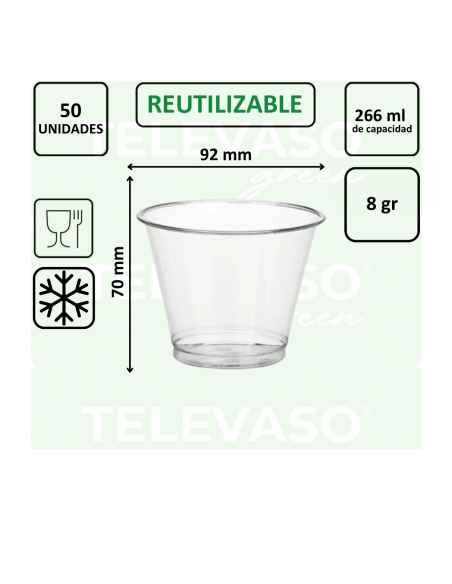 Vaso PET bajo transparente de 266 ml y 92 mm, ideal para bebidas frías y degustaciones.