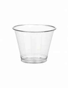 Vaso PET bajo transparente de 266 ml y 92 mm, ideal para bebidas frías y degustaciones.