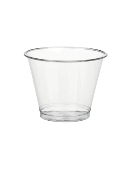 Vaso PET bajo transparente de 266 ml y 92 mm, ideal para bebidas frías y degustaciones.