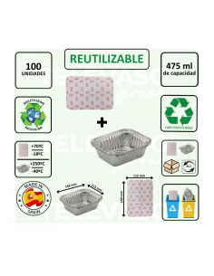 Envase de aluminio rectangular de 475 ml ideal para cocinar, conservar y transportar alimentos.