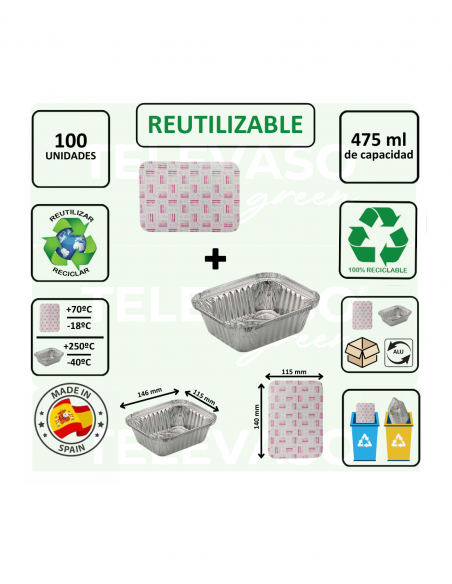 Envase de aluminio rectangular de 475 ml ideal para cocinar, conservar y transportar alimentos.