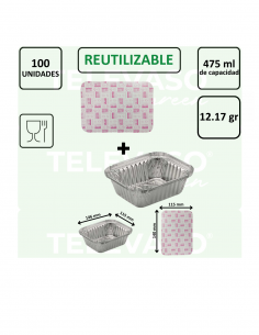 Envase de aluminio rectangular de 475 ml ideal para cocinar, conservar y transportar alimentos. 2