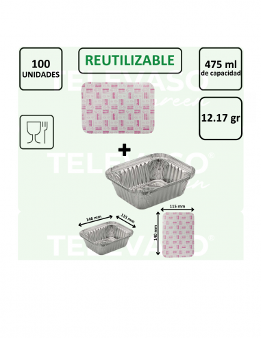 Envase de aluminio rectangular de 475 ml ideal para cocinar, conservar y transportar alimentos.