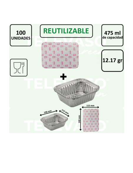 Envase de aluminio rectangular de 475 ml ideal para cocinar, conservar y transportar alimentos.