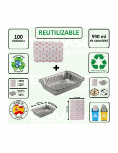Envase de aluminio rectangular de 590 ml ideal para cocinar, conservar y transportar alimentos.