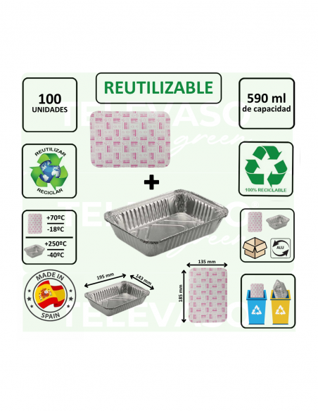 Envase de aluminio rectangular de 590 ml ideal para cocinar, conservar y transportar alimentos.