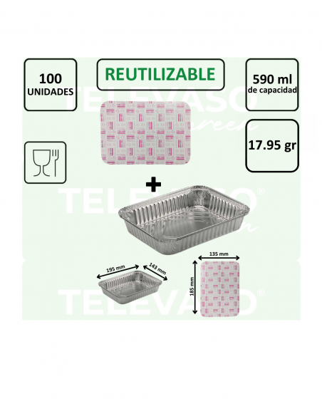 Envase de aluminio rectangular de 590 ml ideal para cocinar, conservar y transportar alimentos.