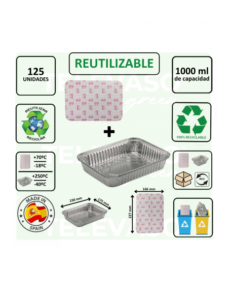 Envase de aluminio rectangular de 1 litro ideal para cocinar, conservar y transportar alimentos.
