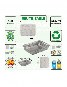 Envase de aluminio rectangular de 1125 ml ideal para cocinar, conservar y transportar alimentos.