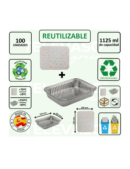 Envase de aluminio rectangular de 1125 ml ideal para cocinar, conservar y transportar alimentos.