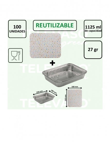 Envase de aluminio rectangular de 1125 ml ideal para cocinar, conservar y transportar alimentos.