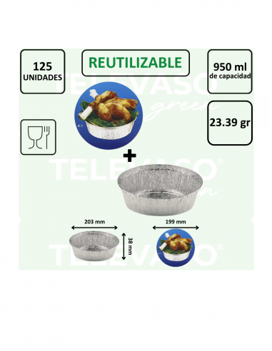 Envase circular de aluminio de 950 ml ideal para tortillas, tartas y platos preparados.