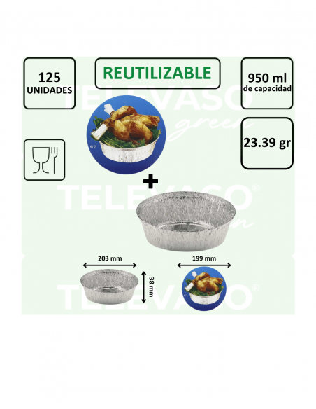 Envase circular de aluminio de 950 ml ideal para tortillas, tartas y platos preparados.